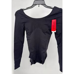 Spanx Womens Slimming Ballet Round Neck Bodysuit Long Sleeve Size S Black